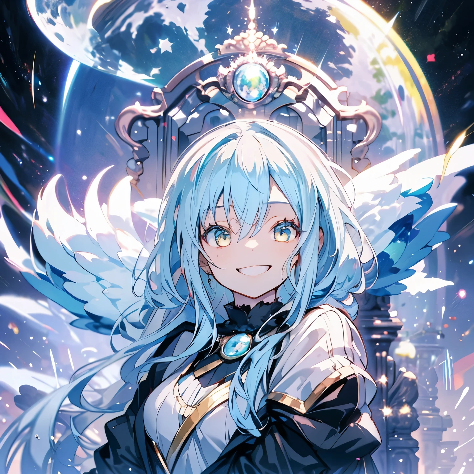 Masterpiece、rimuru tempest、Light blue hair、Long Hair、Black clothes、smile、Sit in a high-end chair、Shining Background、full moon、Upper Body