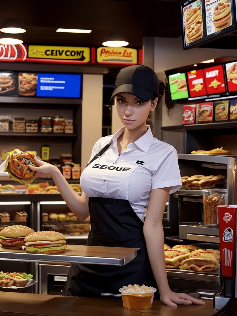 score_9, score_8_up, score_8, score_7_up, score_7, score_6_up, score_6, score_5_up, Score_5, rating_questionable, beautiful girl, medium breasts, slender, fast food worker, behind counter, serving customers, in fast food restaurant, fast food uniform