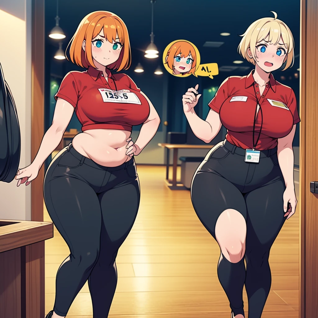 ((highres)), Masterpiece, high quality, best quality, beautiful, perfect lighting, detailed face, ultra cute face, ((2girls)), ((blush)), one girl has blonde hair, blue eyes, red shirt, black pants, work uniform, one girl has orange hair, green eyes, red shirt, black pants, work uniform ,tight clothes, super market, medium breasts, perky breasts, wide hips, (thick thighs), plump, standing next to each other,