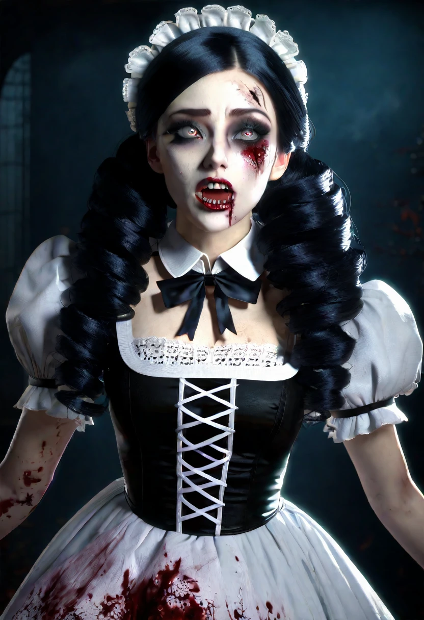 Full body shown. A zombie woman in a maid outfit, extremely detailed eyes and face, beautiful detailed lips, longeyelashes, detailed zombie skin texture, maid outfit with lace and ribbons, Halloween night, horror, dark and moody atmosphere, dramatic lighting, pale skin, sunken eyes, sharp teeth, dripping blood, brain, (best quality,4k,8k,highres,masterpiece:1.2),ultra-detailed,(realistic,photorealistic,photo-realistic:1.37),dark colors,deep shadows,cinematic,dramatic. Full body shon, show her from head to toe