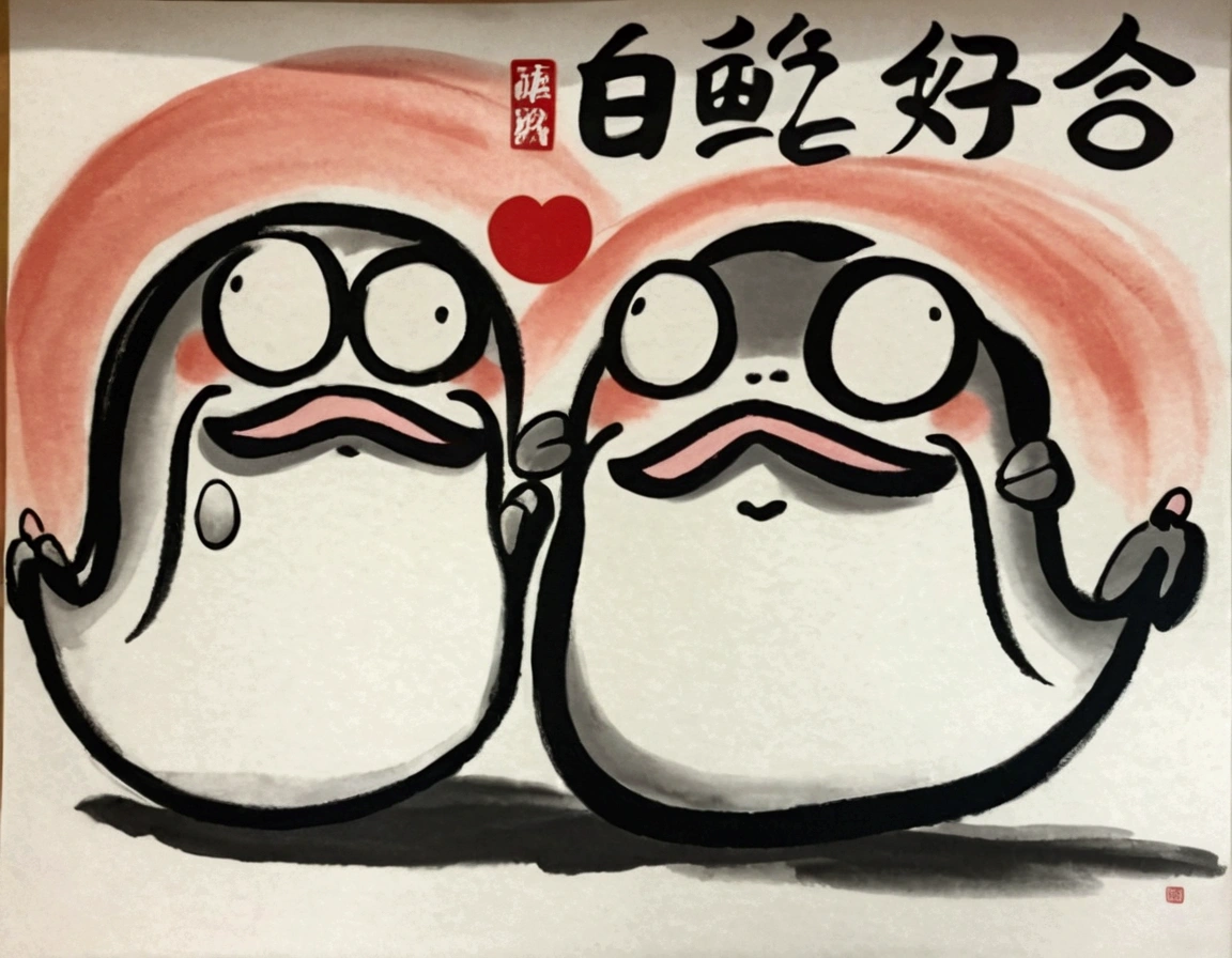 there are texisto penarriveins that are standing next to each other, qi baishi style, 受arrive齊白石的啟發, artexistork in the style of z.exist. arrive, Japanese animation style, author:Gang Huian, Inspired by Chen Daofu, Full moon, Japanese cartoon style, 受arrive吳道子的啟發, 受arrive丁觀鵬的啟發