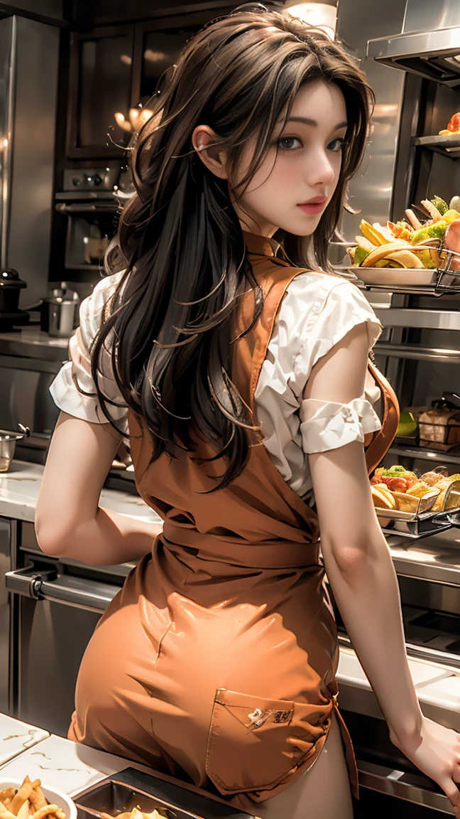 masterpiece, highest quality, Highest image quality, High resolution, photo realistic, Raw photo, transparent apron, back view Fast Food Worker, burger on hand, fried chip, food tray, oven