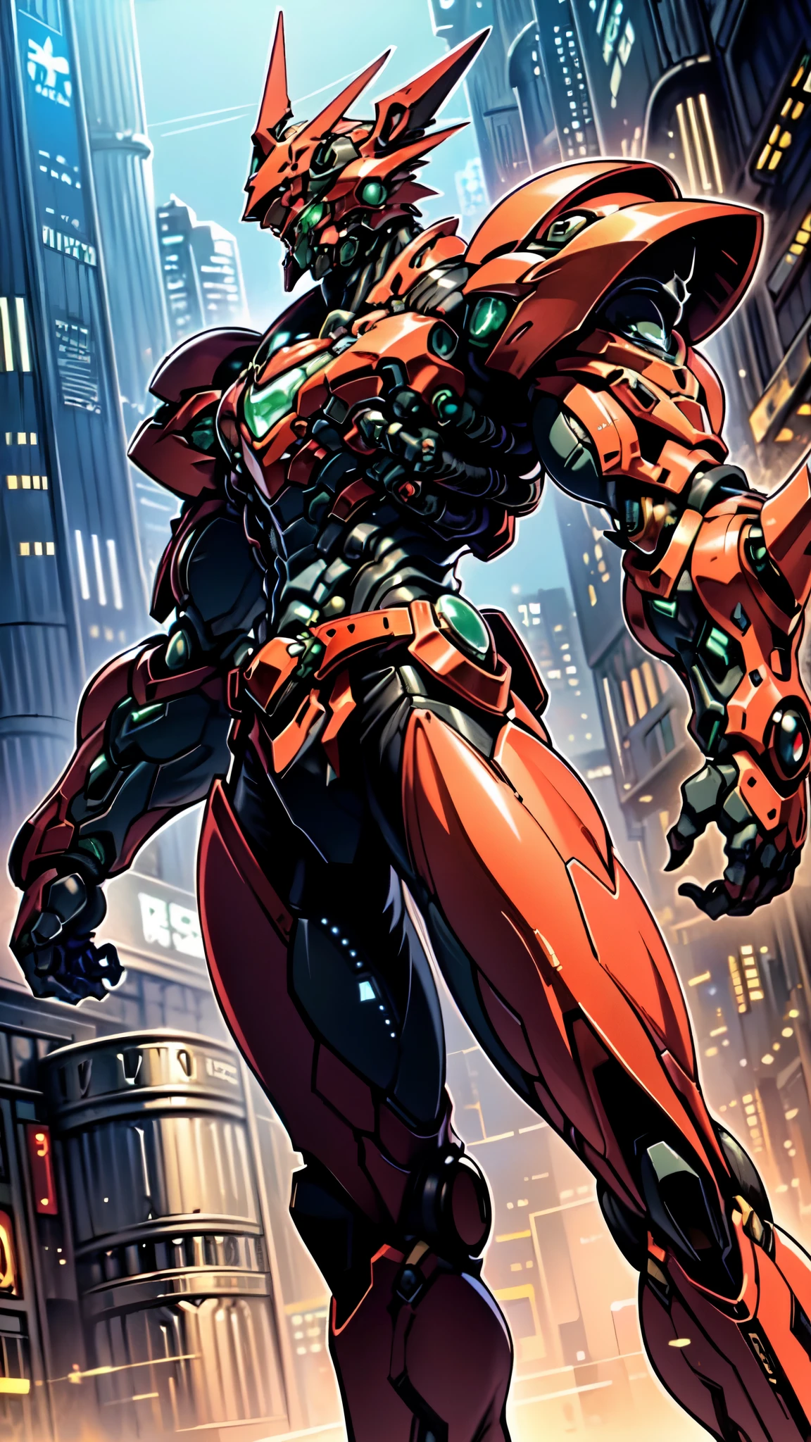 (masterpiece:1.5, best quality:1.5, extremely delicate:1.5, foreshortening:1.5, dynamic angle:1.5), a man wearing a full-face helmet, a fantasy-style biotech armored combat suit, green eyes, (a composite layered chest armor), fully enclosed shoulder guards, matching arm and leg guards, the belt is adorned with neon circuitry, (the color scheme is primarily black with green red accents), the design balances heavy with agility, a high-tech bio-mecha armor, (Armor Concept Inspired by neon Cyberpunk, stand on the top of a skyscraper in a futuristic sci-fi city), this character embodies a finely crafted fantasy-surreal style armored hero in anime style, exquisite and manga art style, (element, plasma, energy, the armor glows), ((male:1.5)), metallic, high definition, highres, ultra-detailed, ultra-fine painting, professional, perfect body proportions, golden ratio, anatomically correct, symmetrical face, extremely detailed eyes and face, high quality eyes, creativity, RAW photo, UHD, 32k, Natural light, cinematic lighting, masterpiece-anatomy-perfect