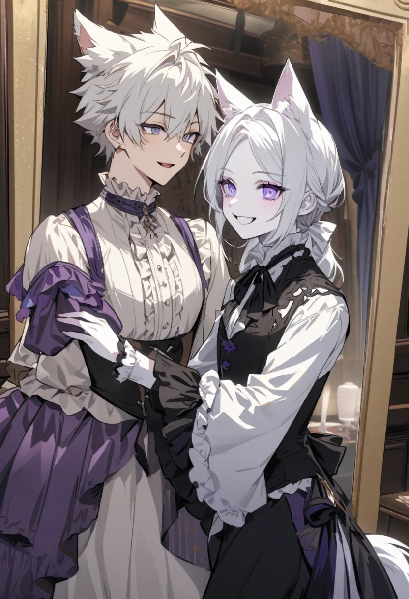 create panel in the art style of mo dao zu shi hybrid character with wolf ears,masculine and dominant gender, short wolfcut white hair , purple raven iris eyes,pale skin, wearing a Victorian era dress looking in a dressing room mirror alone with a cheerful smile 