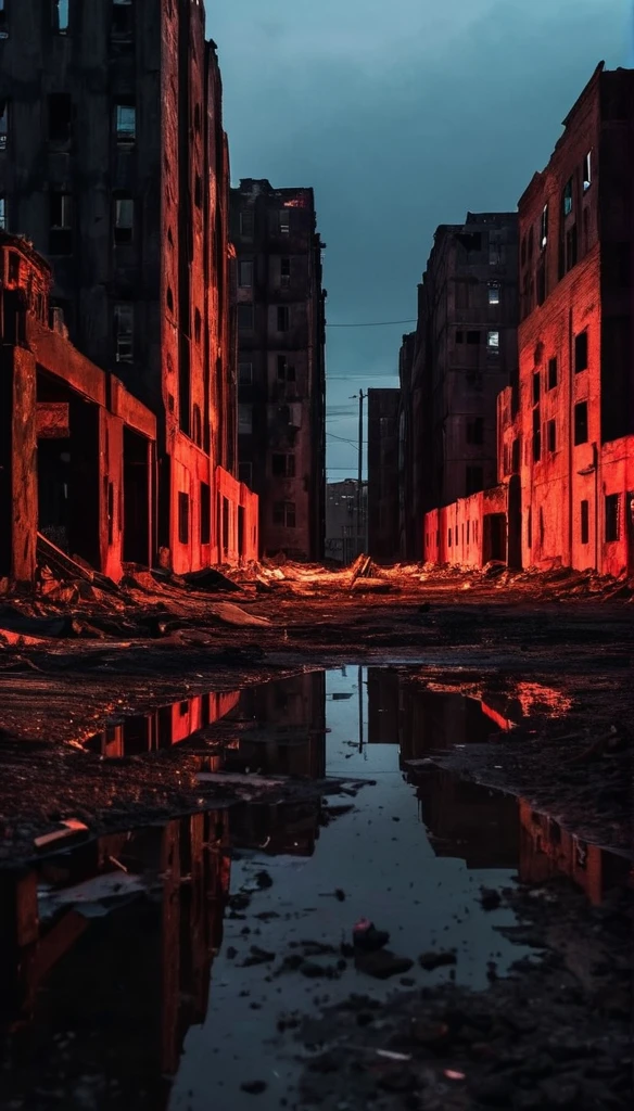 A devastated world. Discarded buildings. A once prosperous city. Dusk. The sky is red and the buildings are black. When metal rusts. The world reflected in the ground. The ground occupies a quarter of the screen.