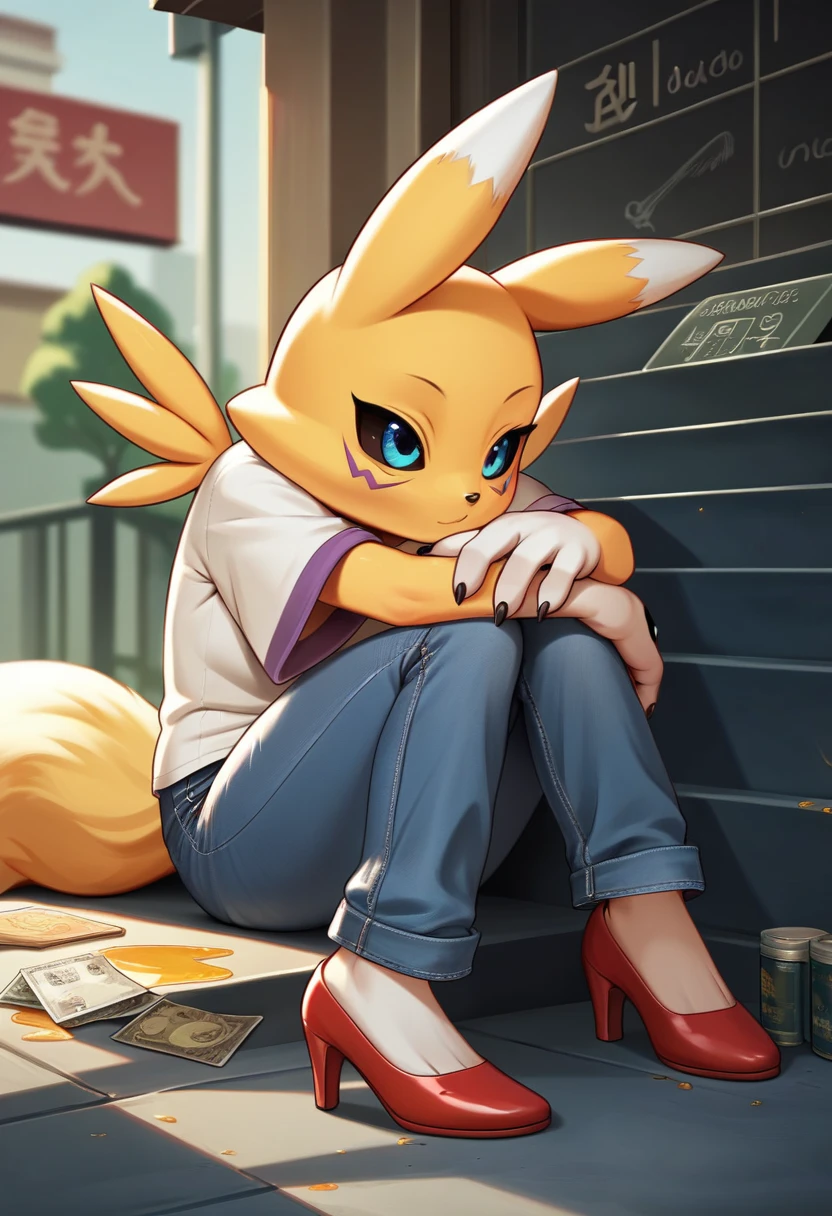 Fraction_9, Fraction_8_Direction_7_Direction_6_Direction_5_Direction_4_up, rest, src_Japanese cartoons, Endless, Official Art, masterpiece, 1 Girl, renamon (Digimon), anthropology, cute的, , very younger, young, , Uncensored, Oversized T-shirt, big jeans, Red high heels,Sexy, Honey, prostitute, Dagasi, Blink，cute