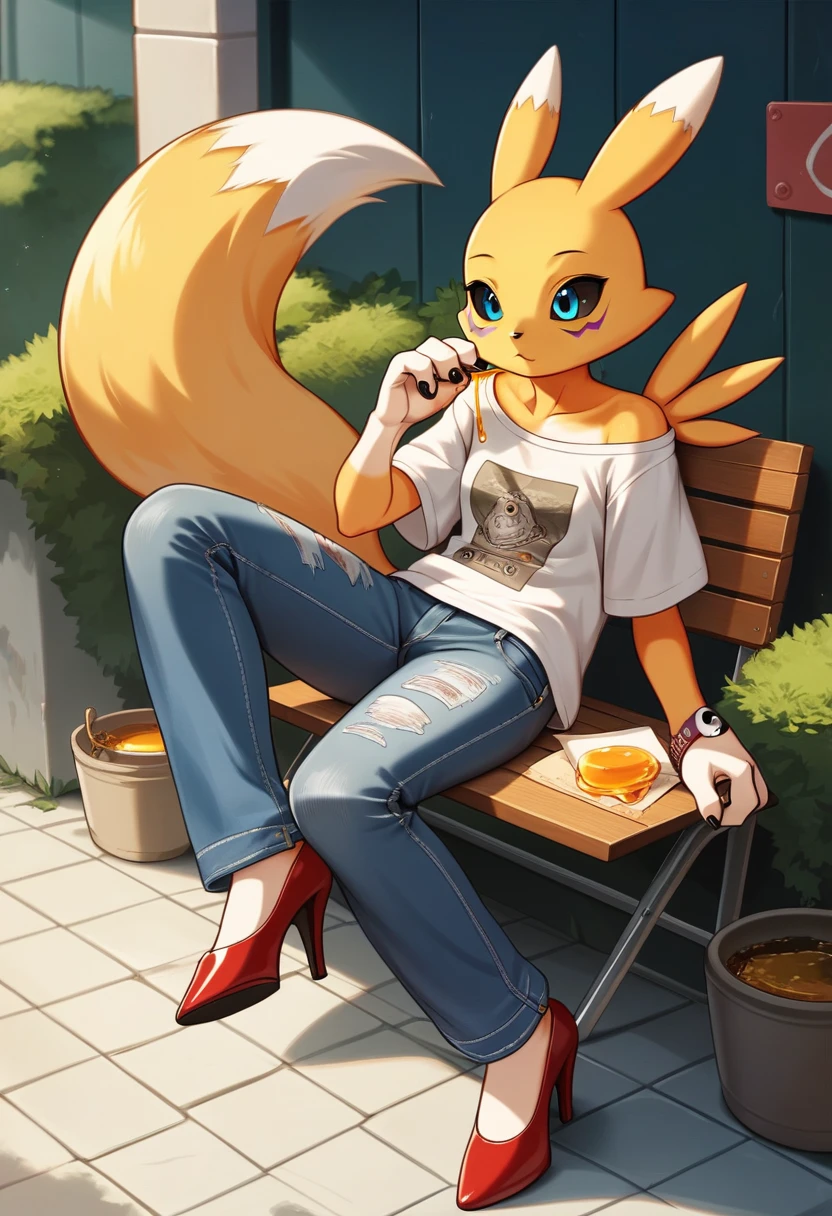 Fraction_9, Fraction_8_Direction_7_Direction_6_Direction_5_Direction_4_up, rest, src_Japanese cartoons, Endless, Official Art, masterpiece, 1 Girl, renamon (Digimon), anthropology, cute的, , very younger, young, , Uncensored, Oversized T-shirt, big jeans, Red high heels,Sexy, Honey, prostitute, Dagasi, Blink,cute