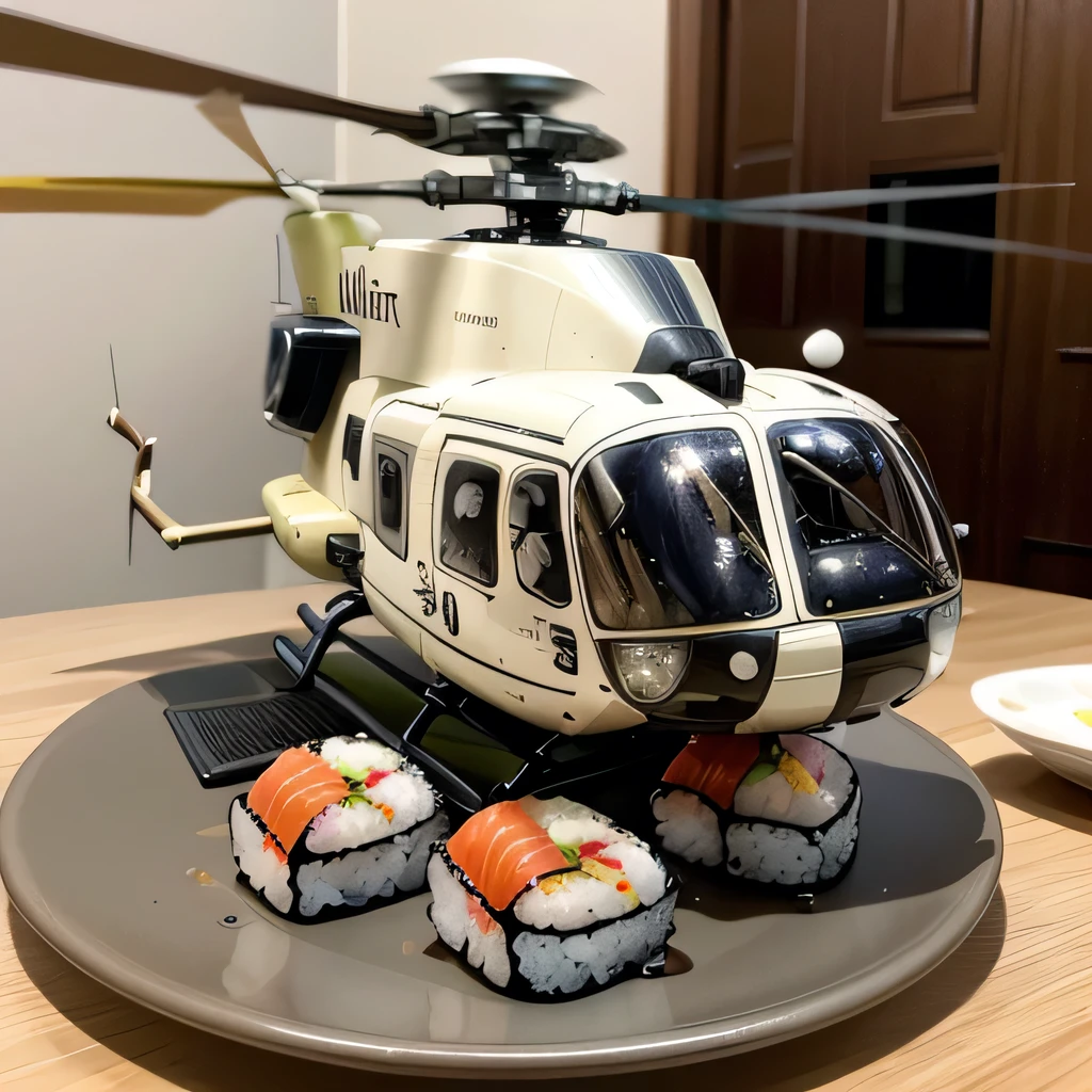 best quality, ultra-detailed, realistic, (transport helicopter, UH-60:1.4), (sushi:1.1),