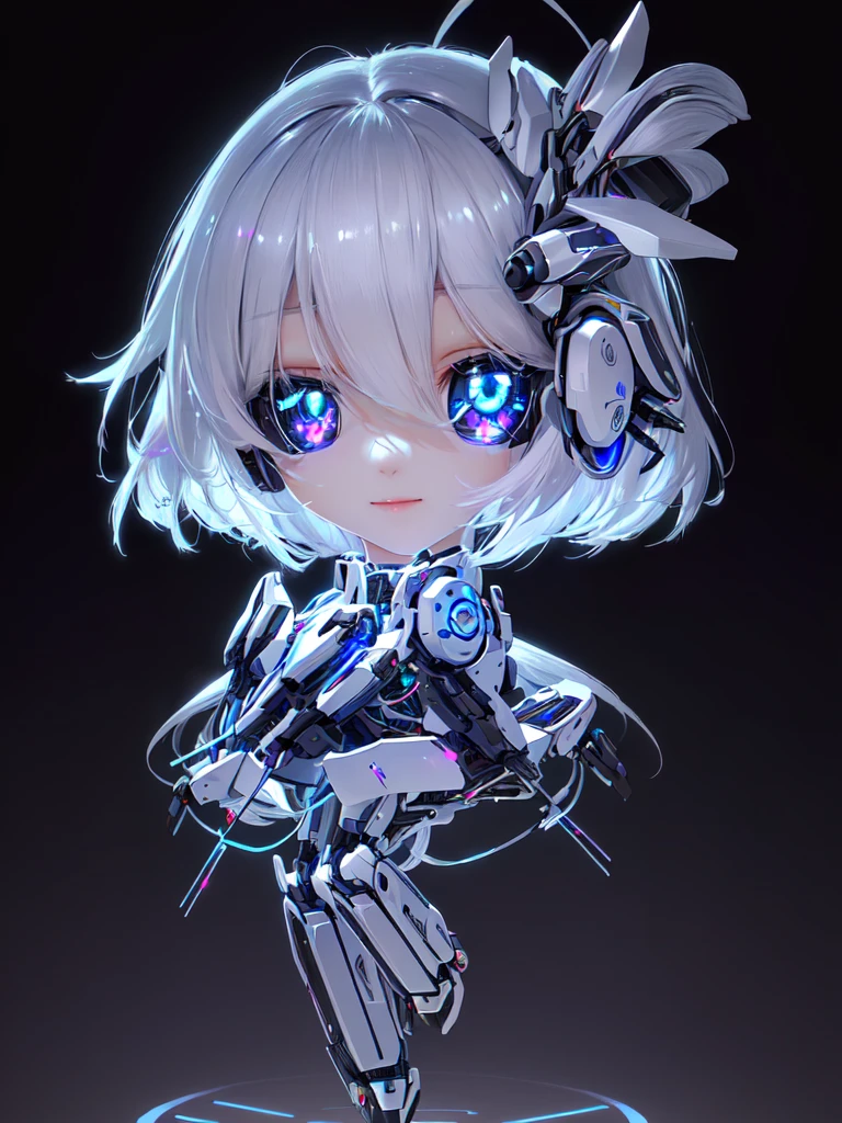 Eyes sparkling super cute AI girl full body beautiful, happy, C4D, Long white hair, Kawaii, Humanoid, AIBionic Man,Silver lines,Metal patch,Mechanical accessories,Bionic Man,脸上Silver lines。Smart Assistant,AI Assistant。