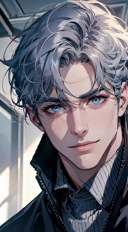 (best quality,4k,8k,highres,masterpiece:1.2),ultra-detailed,(realistic,photorealistic,photo-realistic:1.37),1 man,31 years old,mature man,very handsome,without expression,smile,short grey blue hair,blue eyes,penetrating gaze,perfect face without errors,imposing posture,businessman,office background,cinematic lighting,hdr image