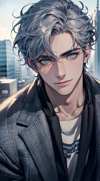 (best quality,4k,8k,highres,masterpiece:1.2),ultra-detailed,(realistic,photorealistic,photo-realistic:1.37),1 man,31 years old,mature man,very handsome,without expression,smile,short grey blue hair,blue eyes,penetrating gaze,perfect face without errors,imposing posture,businessman,office background,cinematic lighting,hdr image