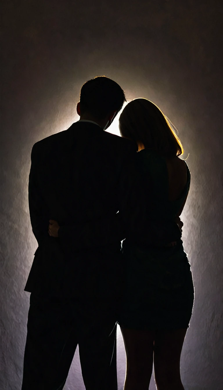  silhouette of the couple, both with their backs to each other with their heads half bowed, sad.