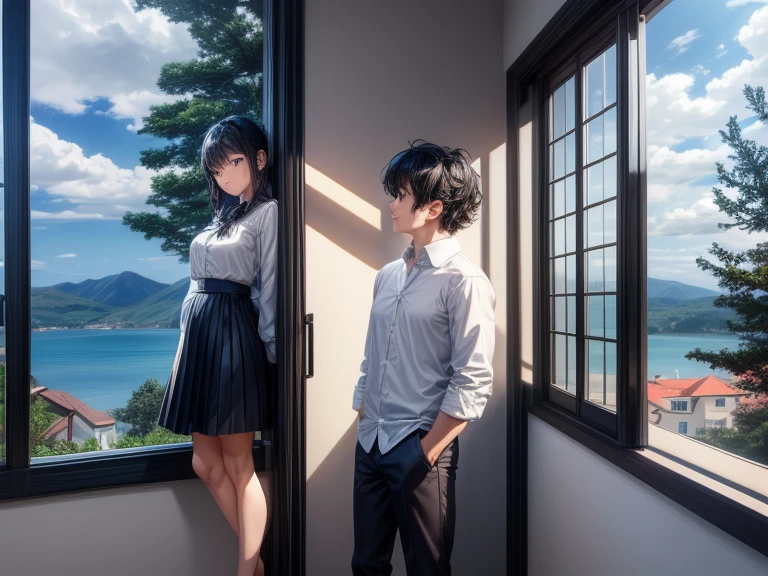 A landscape style image, I&#39;m on a subway, 
In the windows there is a landscape with a very blue sky and very beautiful clouds, two characters facing each other, counted forward, one side of the other, a boy with simple clothes, a white dress shirt and black pants, one with black hair and a black skirt, they are both looking in a different direction.