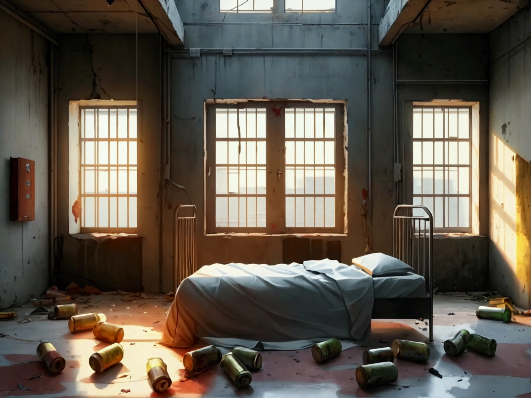 Abandoned Building、basement、Confinement Room、Torture chamber、Training Room、prison、Late Night、(((No windows)))There is a dirty bed in the center of the room.、((No windows部屋))、Dim lighting、Several empty cans and bottles are lying on the floor.、Concrete Room,(((No windows))