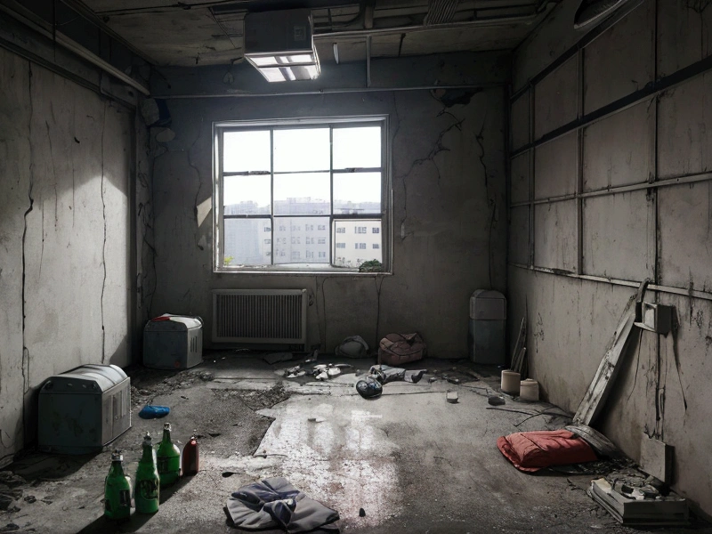 Abandoned Building、basement、Confinement Room、Torture chamber、Training Room、prison、Late Night、(((No windows)))There is a dirty bed in the center of the room.、((No windows部屋))、Dim lighting、Several empty cans and bottles are lying on the floor.、Concrete Room,(((No windows))