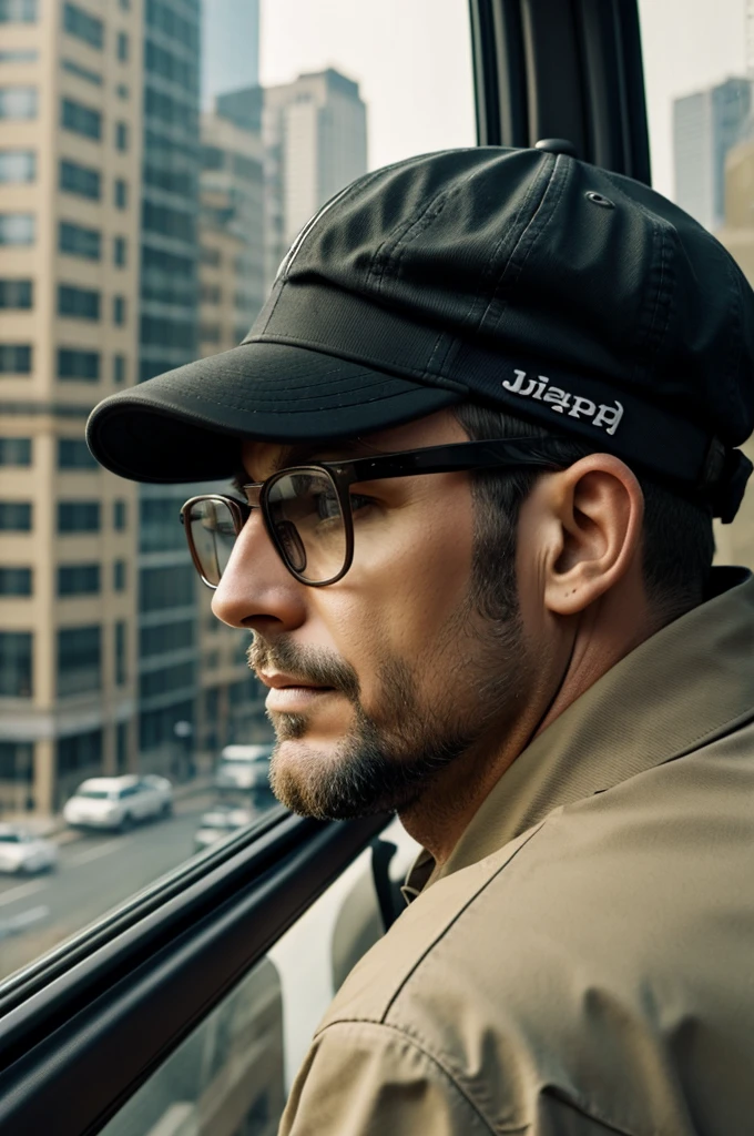 A man with a cap and glasses looking out the window of a jeep in a city