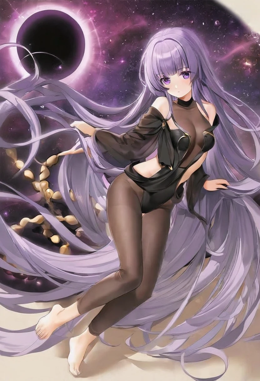 Athena,Extra long purple hair,Purple Eyes,Appearance is that of an adult female,Black one-piece dress,There are small purple and gold decorations,The long jumpsuit is very sexy,barefoot,A black hole in the background universe,Purple black hole
