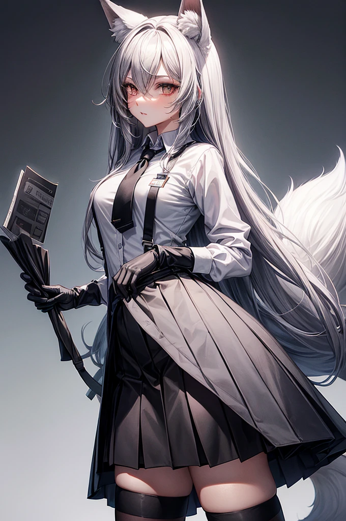 FrankaBase, long hair, fox tail, collared shirt, grey shirt, id card, black gloves, black skirt, black thigh highs, unique legwear, (flirty look)