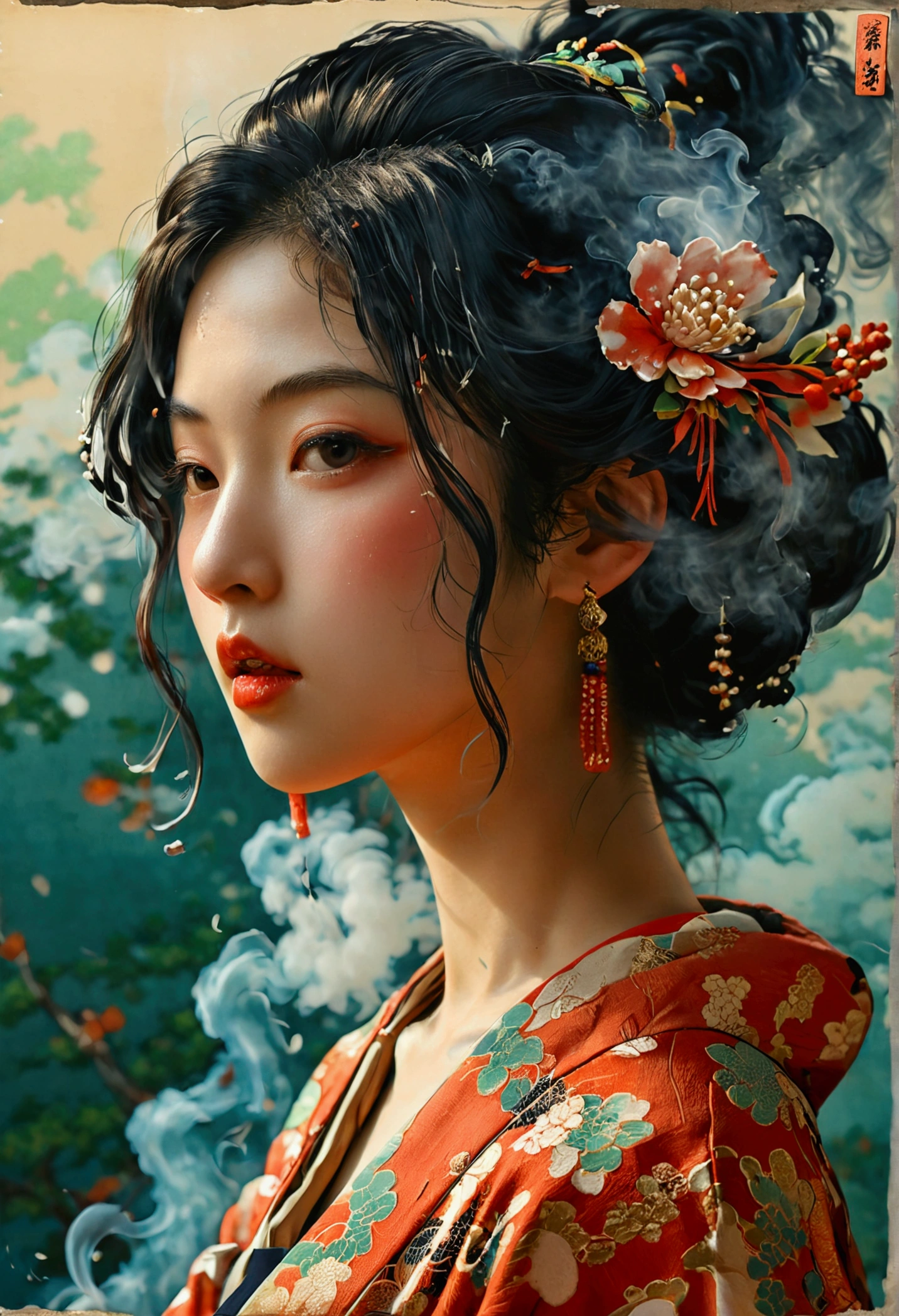 Highest quality, Hokusai's Style, Ukiyo-e, woman,smoke tube,scrollHighest quality, Hokusai's Style, Ukiyo-e, woman,smoke tube,scroll