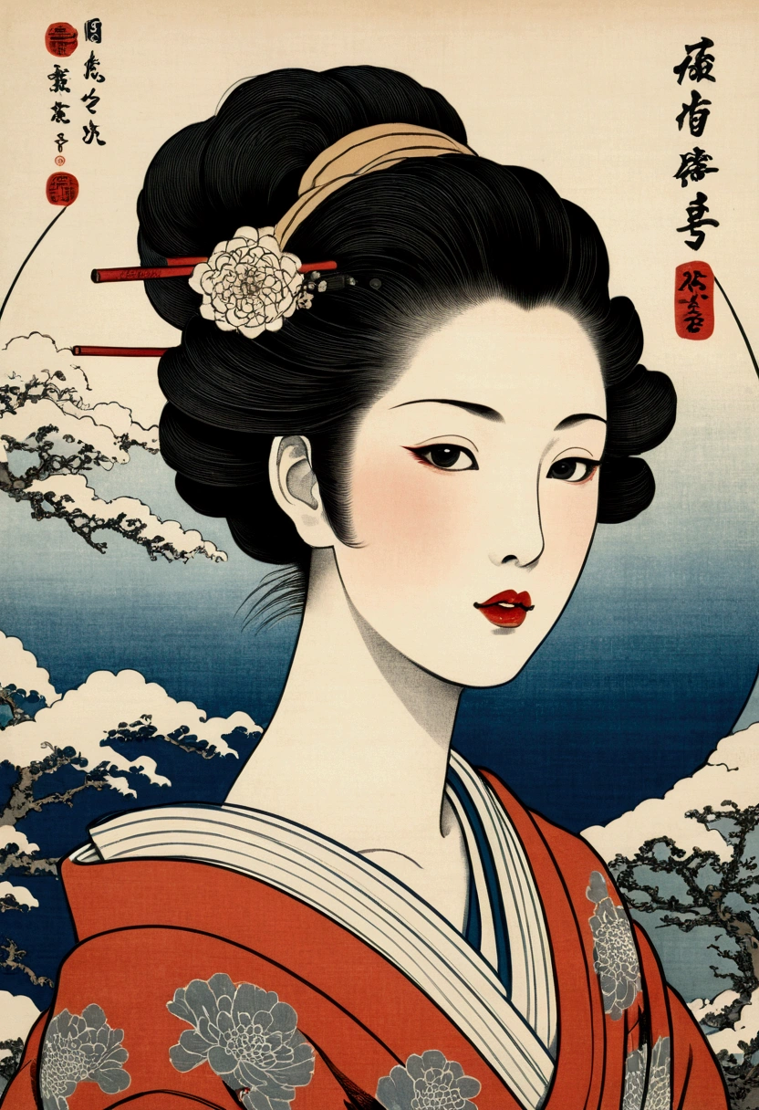 Highest quality, Hokusai's Style, Ukiyo-e, woman,smoke tube,scrollHighest quality, Hokusai's Style, Ukiyo-e, woman,smoke tube,scroll