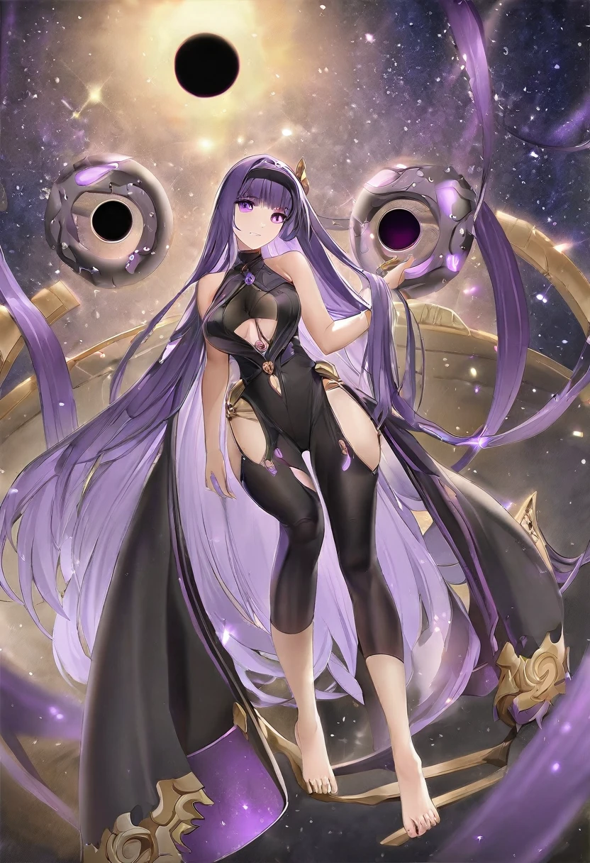 Athena，Extra long purple hair，Purple Eyes，Appearance is that of an adult female，Black one-piece dress，There are small purple and gold decorations，The long jumpsuit is very sexy，barefoot，A black hole in the background universe，Purple black hole
