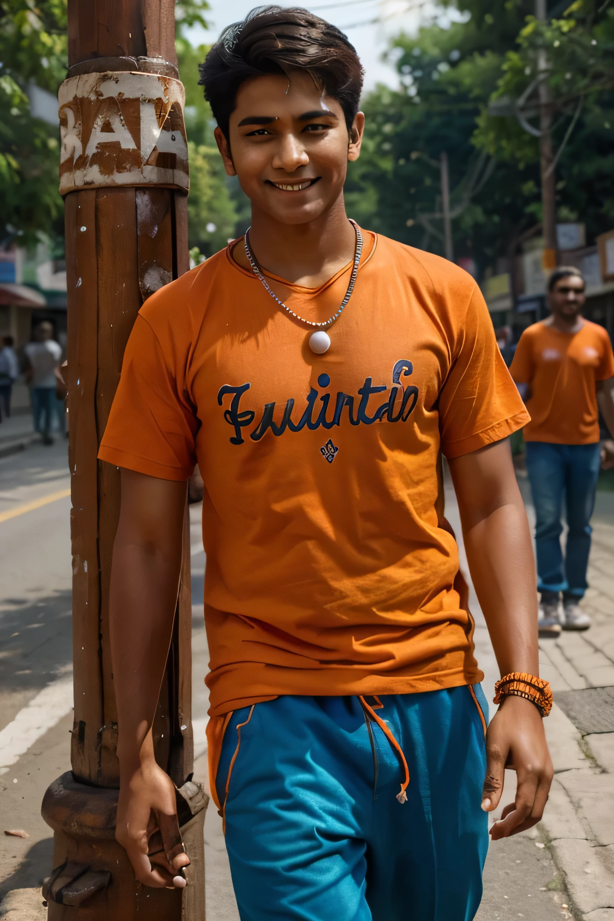 A real Indian 16 year old boy wearing an orange t-shirt and pants with “Pawan” written on it in bold letters is walking on the road with two copper pots hanging from a colorful wooden pole and catch in his hand. He is wearing a pearl necklace and has a teeka on his forehead. Surrounded by other people dressed in orange clothes, creating a vibrant and colorful scene. He looks very cute handsome, smiling, stylish hair and exudes a sense of devotion, 8k ultra quality image.