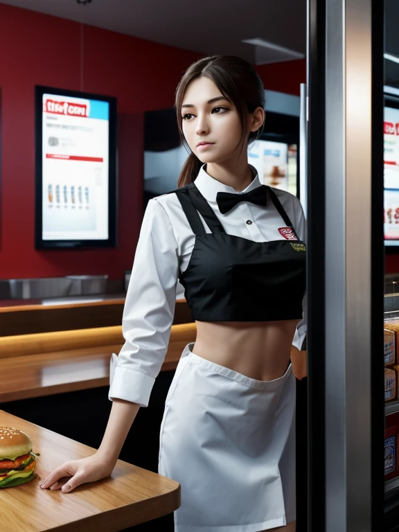 Masterpiece, Best quality, Photorealistic, Ultra-detailed, fine detail, high resolution, 8K wallpaper, score_9, score_8_up, score_8, score_7_up, score_7, score_6_up, score_6, score_5_up, Score_5, rating_questionable, beautiful girl, medium breasts, slender, fast food worker, behind counter, serving customers, in fast food restaurant, fast food uniform