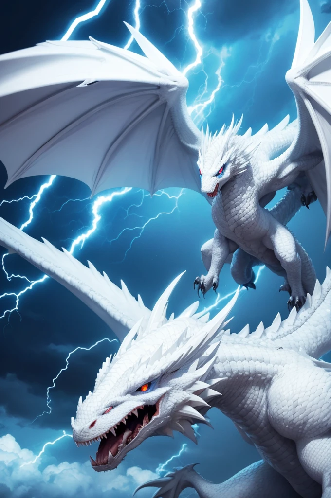 Giant white dragon with blue eyes and wings with lightning around it