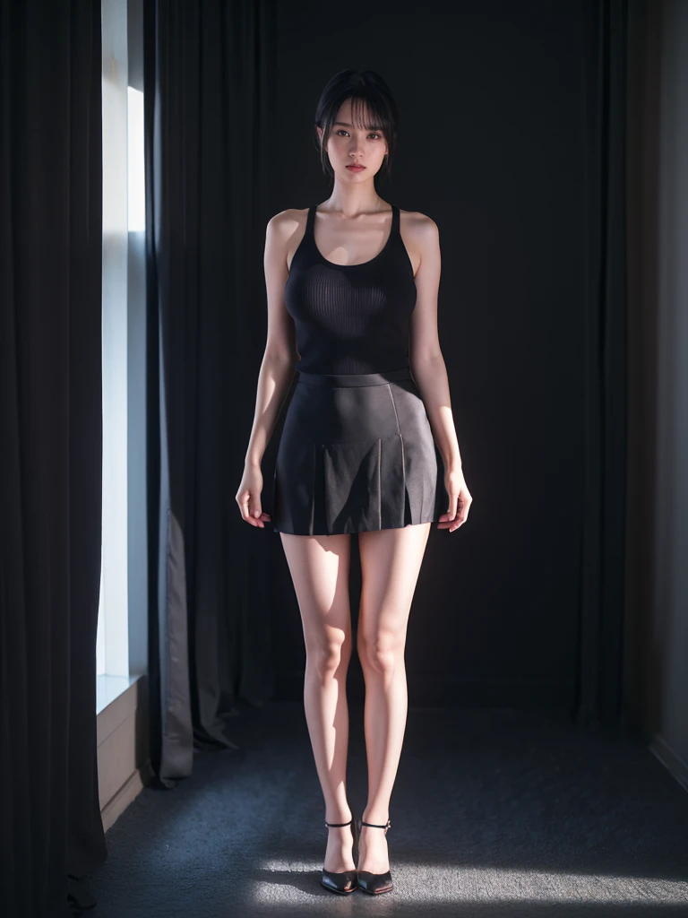 1girl, woman, masterpiece, best quality, highest quality, cinematic lighting, (volumetric lighting), extremely detailed CG unity 8k wallpaper, focused, 8k wallpaper, extremely detailed, ultra realistic, photorealistic, sharp focus, absurdres, (HDR:1.2), (high contrast), photograph, detailed and intricate, instagram, portrait, highly detailed, digital painting, artstation, concept art, smooth, sharp focus, illustration, cinematic lighting, (natural big breast:1.2), knit tank top, black short skirt, eyes looking at the viewer, ((skinny)), (medium shot), (HQ skin:1.3), (Full body:1.6)