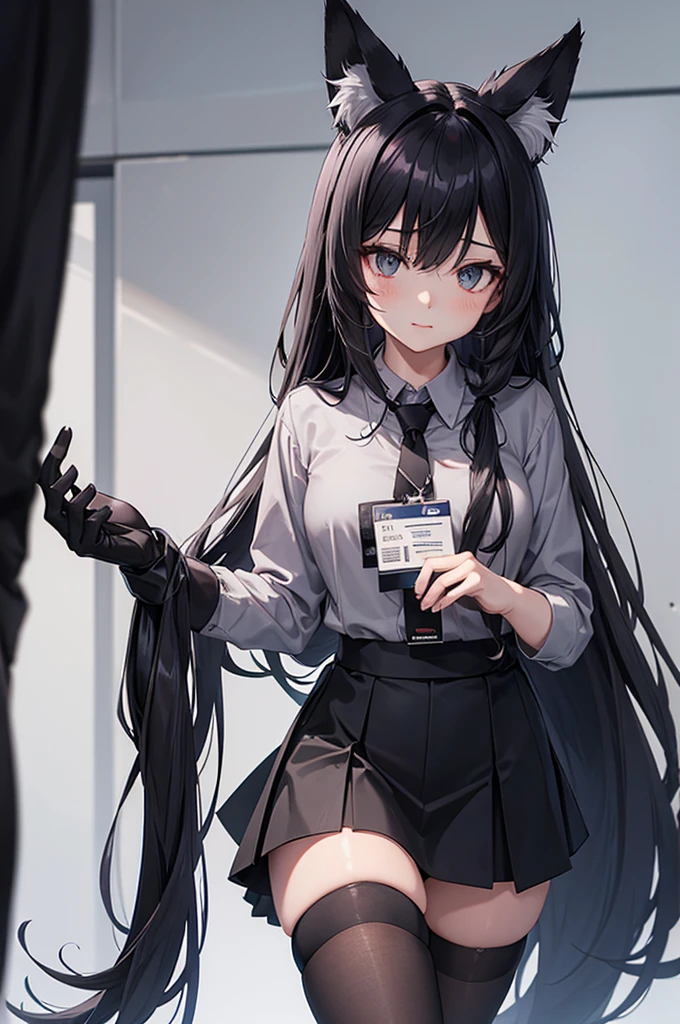 FrankaBase, long hair, fox tail, collared shirt, grey shirt, id card, black gloves, black skirt, black thigh highs, unique legwear, (flirty look)