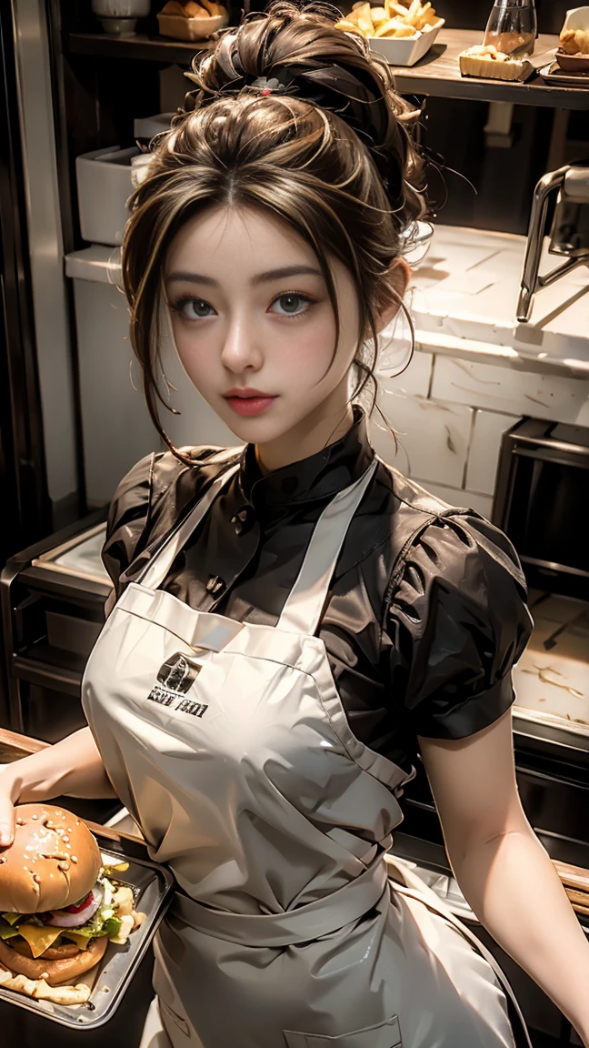 masterpiece, highest quality, Highest image quality, High resolution, photo realistic, Raw photo, transparent apron, top view, Fast Food Worker, burger on hand, fried chip, food tray, oven