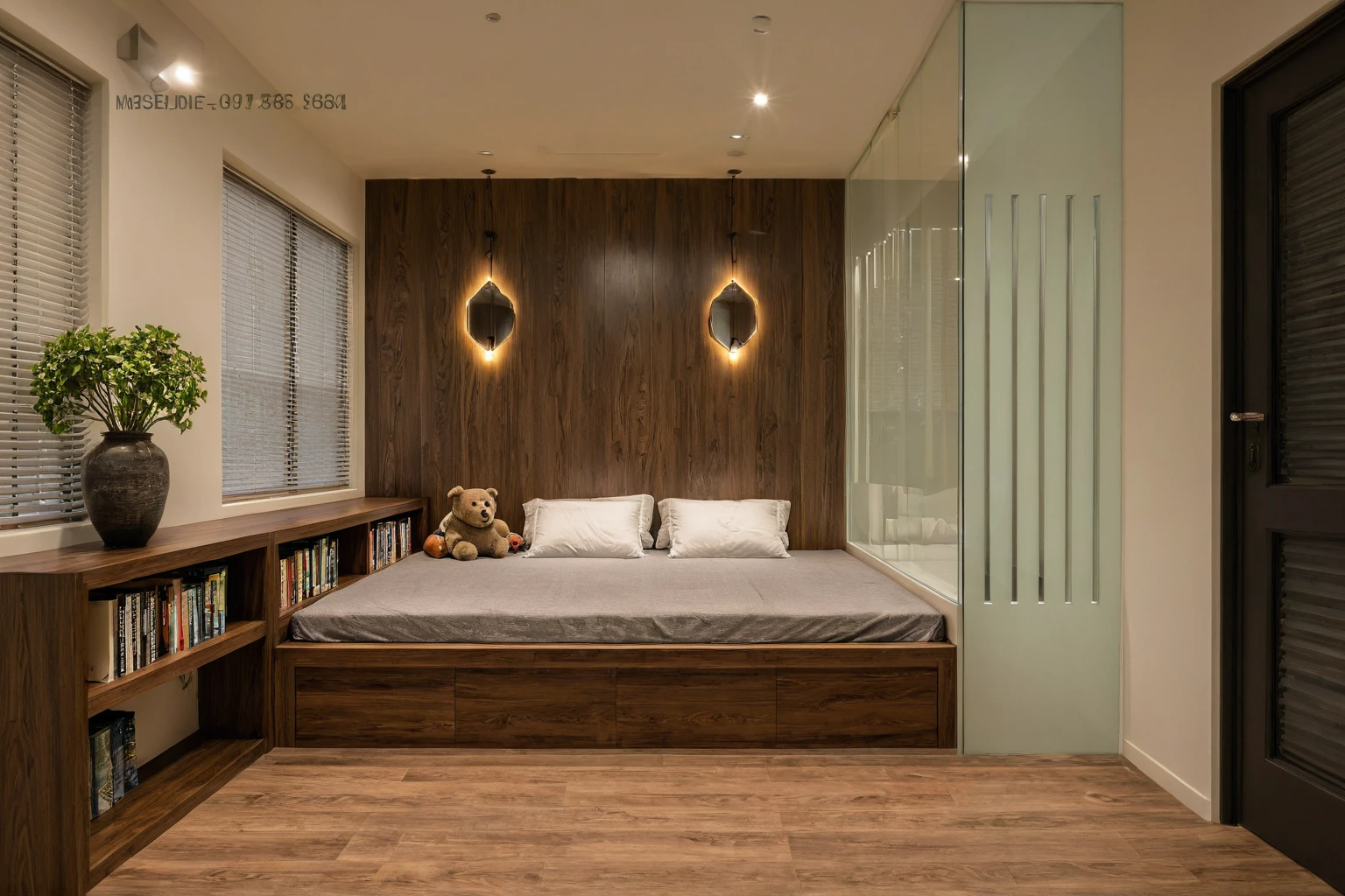 Raw photo, Masterpiece, high quality, best quality, authentic, super detail, interior, indoors, style modern, minimalist line, wooden, dark walnut wood, LED light, white paint wall, LIVING ROOM, PEN HOUSE, wooden window, japan style, wasabi style, Jen style, steel stair, glass railing, paint wall decor, bookshelf, livingroom, Indochine style, bedroom