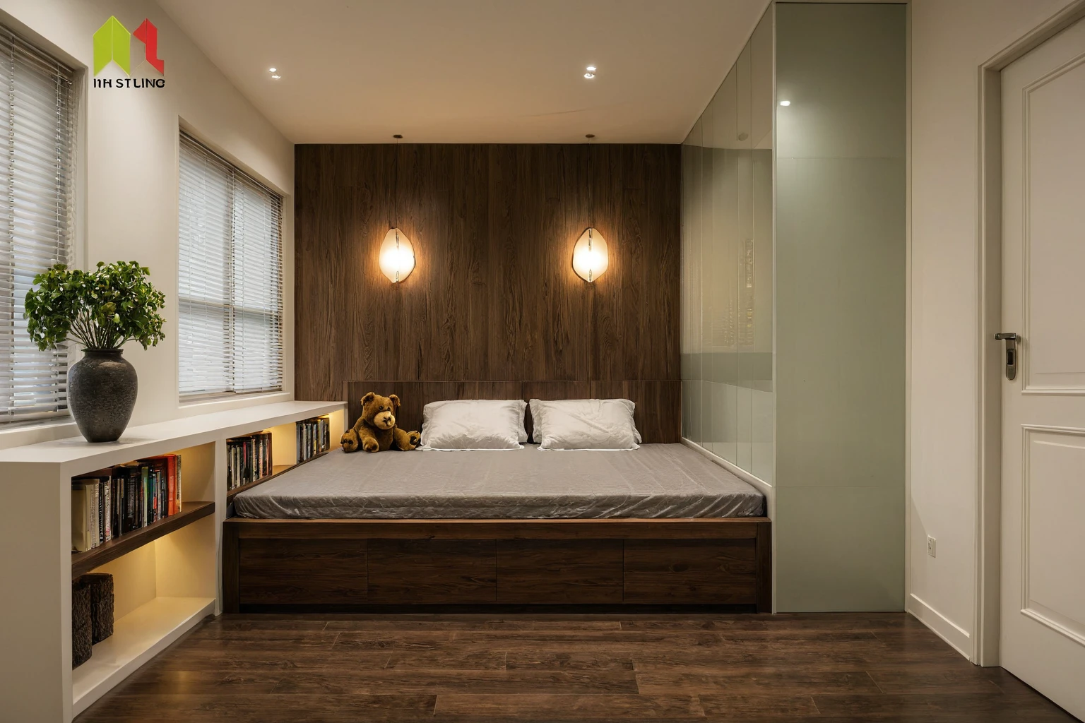 Raw photo, Masterpiece, high quality, best quality, authentic, super detail, interior, indoors, style modern, minimalist line, wooden, dark walnut wood, LED light, white paint wall, LIVING ROOM, PEN HOUSE, wooden window, japan style, wasabi style, Jen style, steel stair, glass railing, paint wall decor, bookshelf, livingroom, Indochine style, bedroom