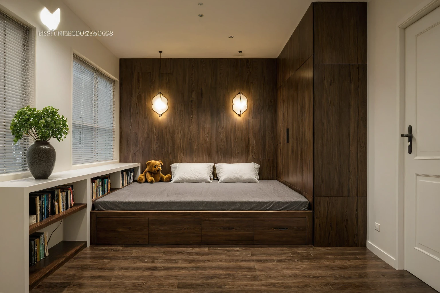 Raw photo, Masterpiece, high quality, best quality, authentic, super detail, interior, indoors, style modern, minimalist line, wooden, dark walnut wood, LED light, white paint wall, LIVING ROOM, PEN HOUSE, wooden window, japan style, wasabi style, Jen style, steel stair, glass railing, paint wall decor, bookshelf, livingroom, Indochine style, bedroom