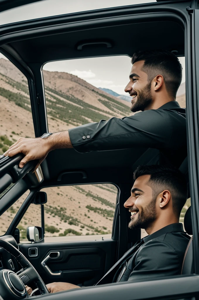 A man driving a jeep looking out the window very happy