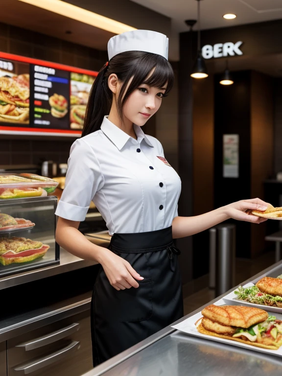 Checkered tables with cheese boards and uniformed waitresses. Handmade breads on the tables.