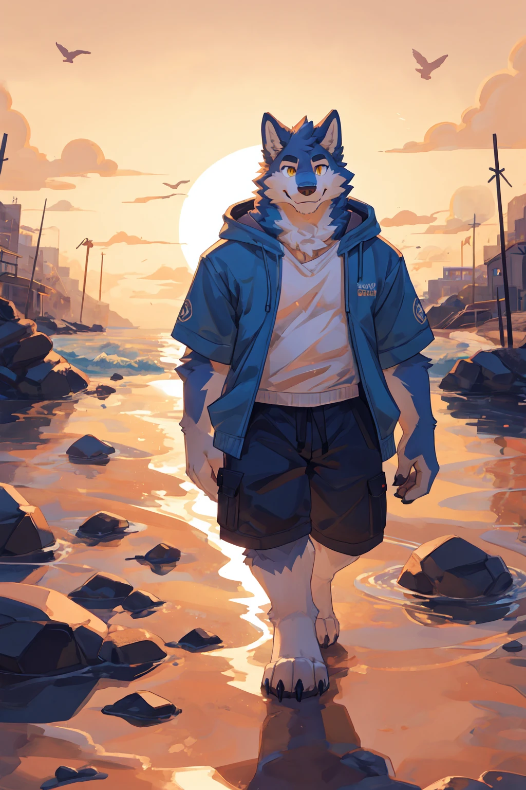 Best quality, Professional, Vivid Colors, full body,
wolf, Muscular male, kemono, by bigcozyorca, Solo, grey Fur, white body, golden eyes, pectorals, (detailed face, detailed eyes:1.5), boy,
open hoodie, shorts, white socks, joyful smile, walking along the beach, tidal, at sunset, golden sunlight, warm glow
Ray tracing, detailed shadow,