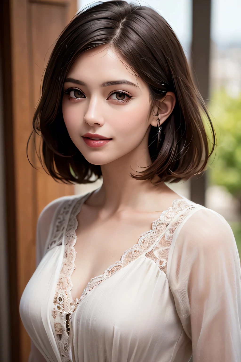 ((masterpiece)), ((Highest quality)), ((Complex)), ((Surreal)), (Realistic), (Mature Woman), ((There are no classes)), Very detailed, (1 female), Beautiful and exquisite, (Beautiful Teeth), Grin, Brunette Bob Hair, Brown eyes, ((blouse)), (Upper Body), (background:none), Perfect Eyes, Captivating eyes, Looking at the audience