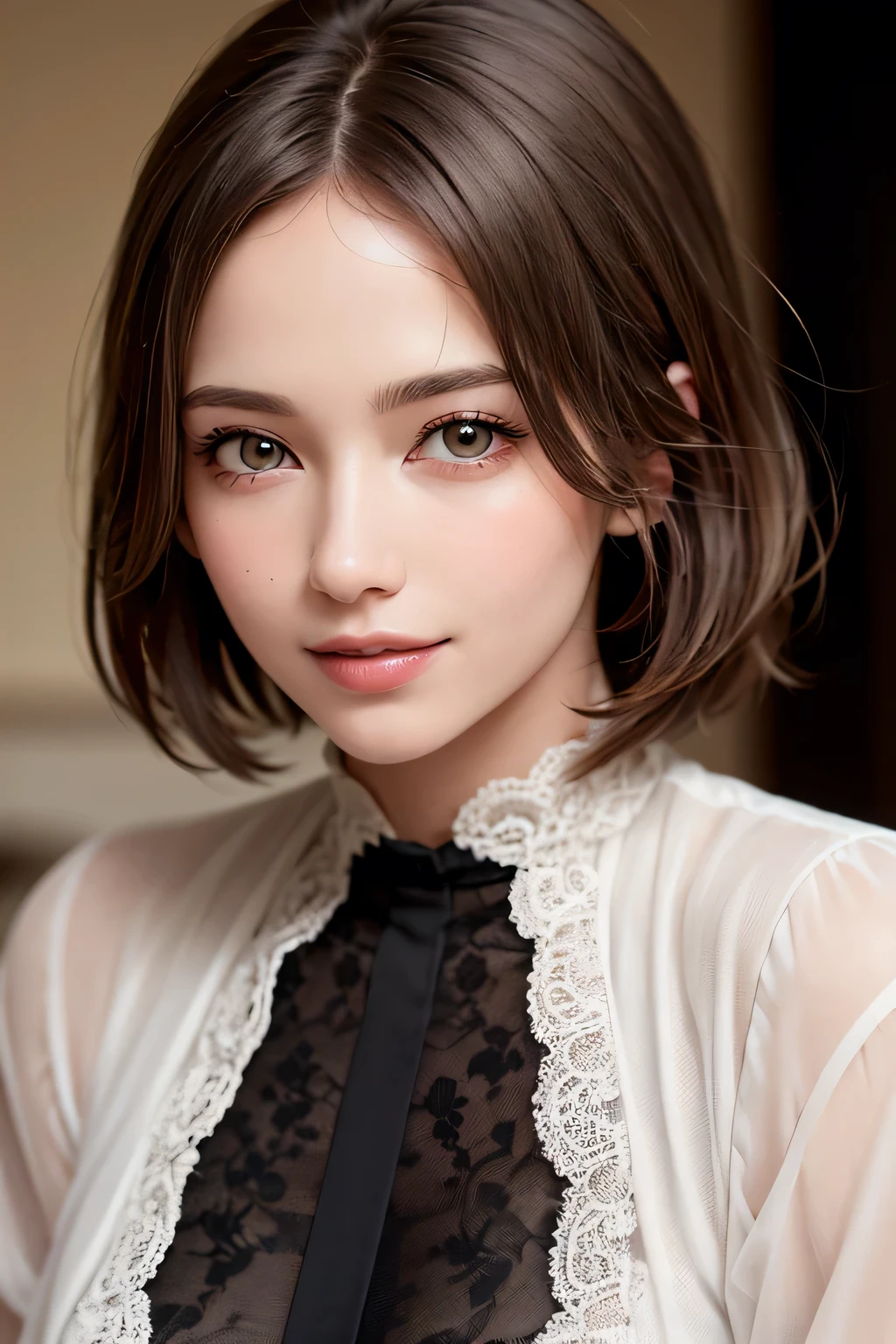 ((masterpiece)), ((Highest quality)), ((Complex)), ((Surreal)), (Realistic), (Mature Woman), ((There are no classes)), Very detailed, (1 female), Beautiful and exquisite, (Beautiful Teeth), Grin, Brunette Bob Hair, Brown eyes, ((blouse)), (Upper Body), (background:none), Perfect Eyes, Captivating eyes, Looking at the audience