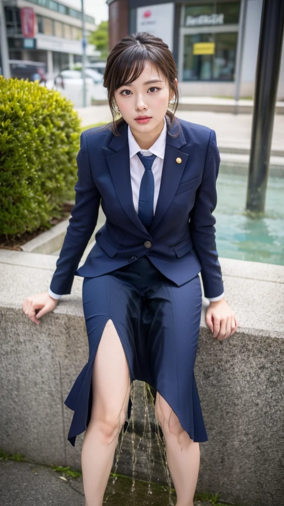 (masutepiece,High quality,16k:1.1),(depth of fields:1.3) ,((front body:1.35)),Japanese ,Woman, ((business suit with dark blue jacket and black pencil skirt)), white shirt, tights,huge breasts, voluptuous, thicc, curvy,(Looking at Viewer:1.3),(full body shot:1.2),(Beautiful Morning view of town:1.2), ((peeing self))Pee all over the body、Urine、the whole body is wet