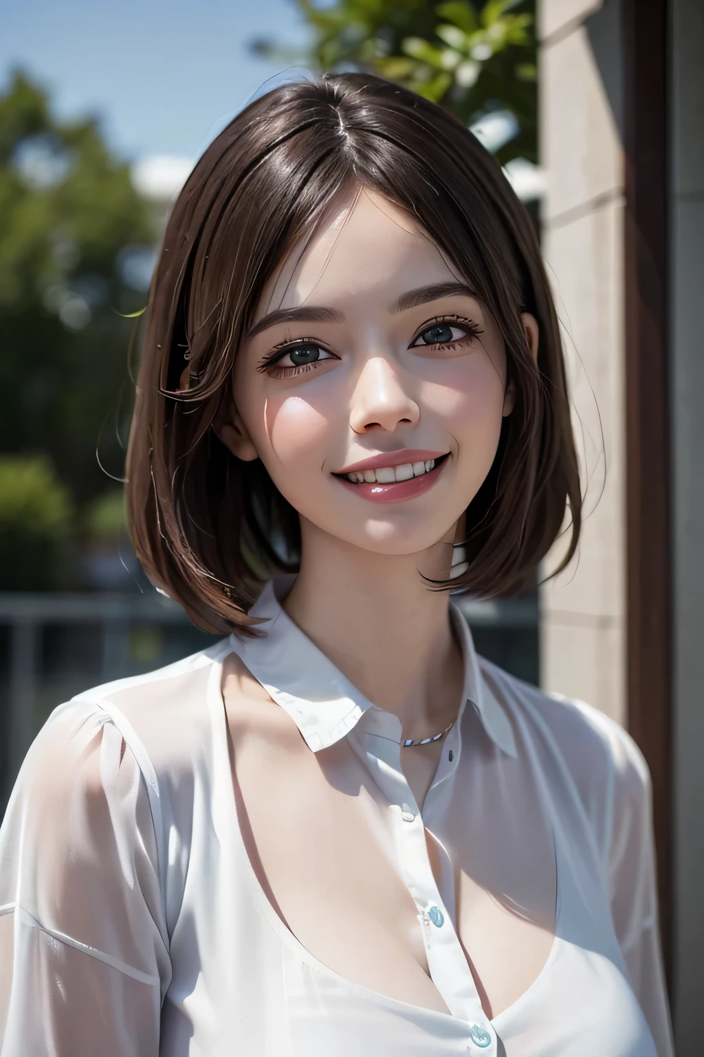 ((masterpiece)), ((Highest quality)), ((Complex)), ((Surreal)), (Realistic), (Mature Woman), ((There are no classes)), Very detailed, (1 female), Beautiful and exquisite, (Beautiful Teeth), Grin, Brunette Bob Hair, Brown eyes, ((blouse)), (Upper Body), (background:none), Perfect Eyes, Captivating eyes, Looking at the audience