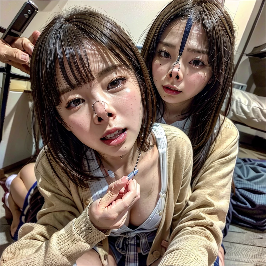 Beautiful Japanese actresses,Two Girls,flying debris,Award-winning photo,Very detailed,Face Focus,Big double eyes,(Woman with open mouth and closed eyes ),8-year-old,Black Hair Girl And Blonde Girl,A girl with short hair and a girl with long hair,Shiny skin,(((Face close-up))),Realistic nostrils,Long and narrow nasal cavity,Squat,((Random color open cardigan)),Big Breasts,(Sharp Nose),Frowning,performance:1.4,performance,Frowning,please raise your head,Skin shiny with sweat,Oily facial skin,Tied Hair,Squatting and giving a blowjob,female teacher,Squatting in the hallway,Squat,50 degree hot room,Skin shiny with sweat,Wet transparent fabric,Sweaty all over my face,A face enduring intense pain,Screaming face,Open your mouth wide and shout,