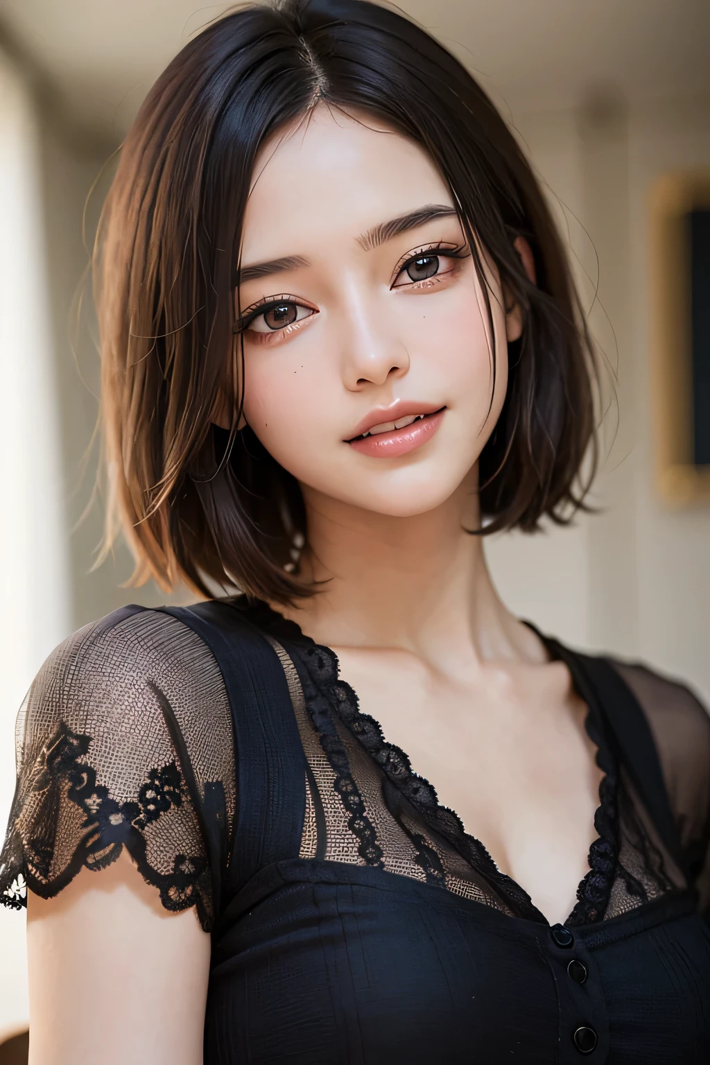 ((masterpiece)), ((Highest quality)), ((Complex)), ((Surreal)), (Realistic), (Mature Woman), ((There are no classes)), Very detailed, (1 female), Beautiful and exquisite, (Beautiful Teeth), Grin, Brunette Bob Hair, Brown eyes, ((blouse)), (Upper Body), (background:none), Perfect Eyes, Captivating eyes, Looking at the audience