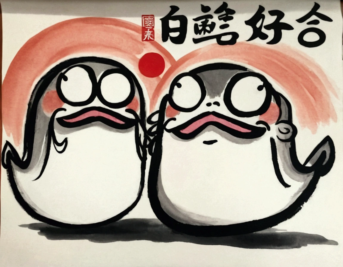 there are texisto penarriveins that are standing next to each other, qi baishi style, 受arrive齊白石的啟發, artexistork in the style of z.exist. arrive, Japanese animation style, author:Gang Huian, Inspired by Chen Daofu, Full moon, Japanese cartoon style, 受arrive吳道子的啟發, 受arrive丁觀鵬的啟發