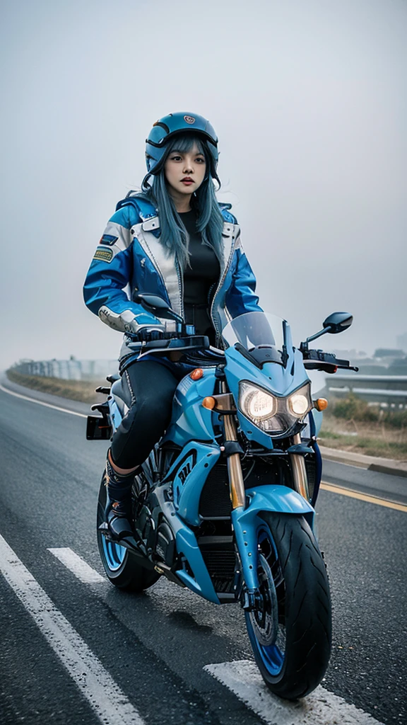 
realism,
1girl,solo,
ssugar008_jp_girl,(blue hair:1.4),long hair,asymmetric bangs,pointy hair,huge breasts,narrow_waist,slender,white skin,sweat,
techwear,gloves,long_sleeves,multicolored jacket,black pants,hood,bag,backpack,helmet,zipper,cyberpunk,
Ducati,driving a ducati motorcycle,(riding a motorcycle:1.3),(driving a motorcycle:1.3),white motorcycle,motorcycle,
ruanyi0730,(winter:1.2),dusk,(foggy weather:1.4),
(full body:1.4),(full_shot:1.4),front view,