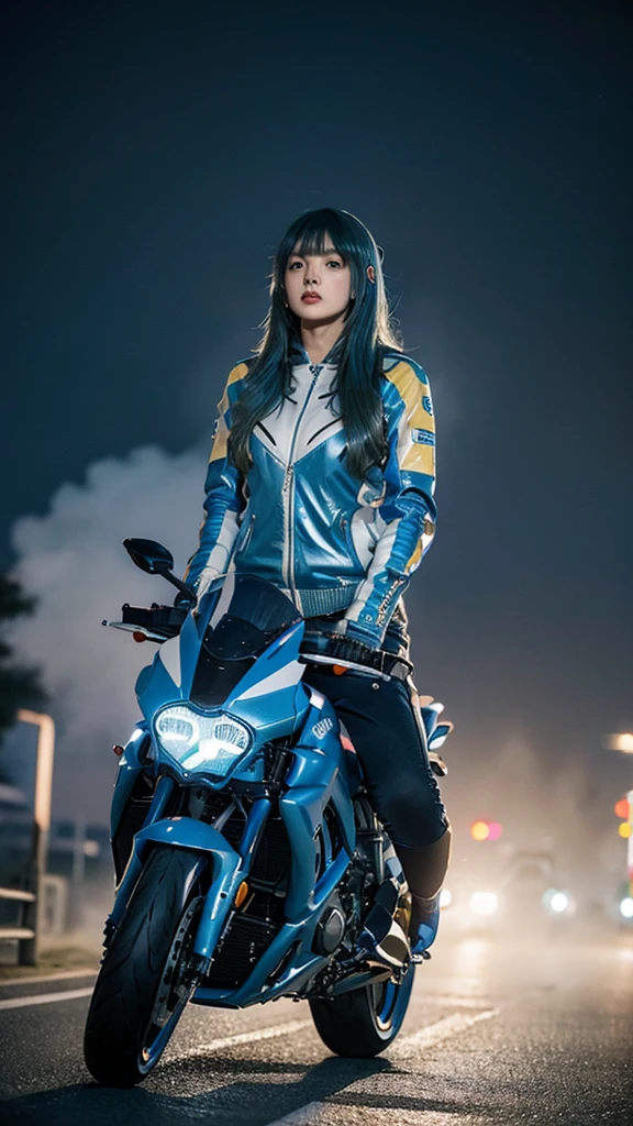 
realism,
1girl,solo,
ssugar008_jp_girl,(blue hair:1.4),long hair,asymmetric bangs,pointy hair,huge breasts,narrow_waist,slender,white skin,sweat,
techwear,gloves,long_sleeves,multicolored jacket,black pants,hood,bag,backpack,helmet,zipper,cyberpunk,
Ducati,driving a ducati motorcycle,(riding a motorcycle:1.3),(driving a motorcycle:1.3),white motorcycle,motorcycle,
ruanyi0730,(winter:1.2),dusk,(foggy weather:1.4),
(full body:1.4),(full_shot:1.4),front view,