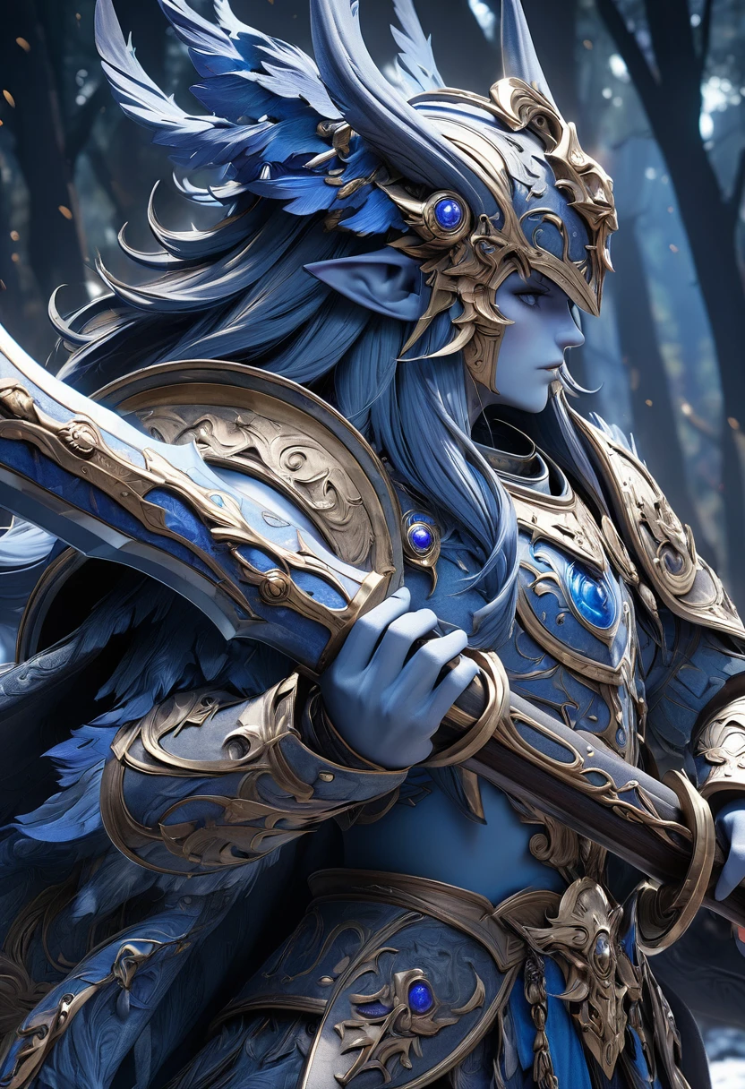 masterpiece, 8k, best quality, highly detailed, a large two handed warhammer made of blue mystical wood
