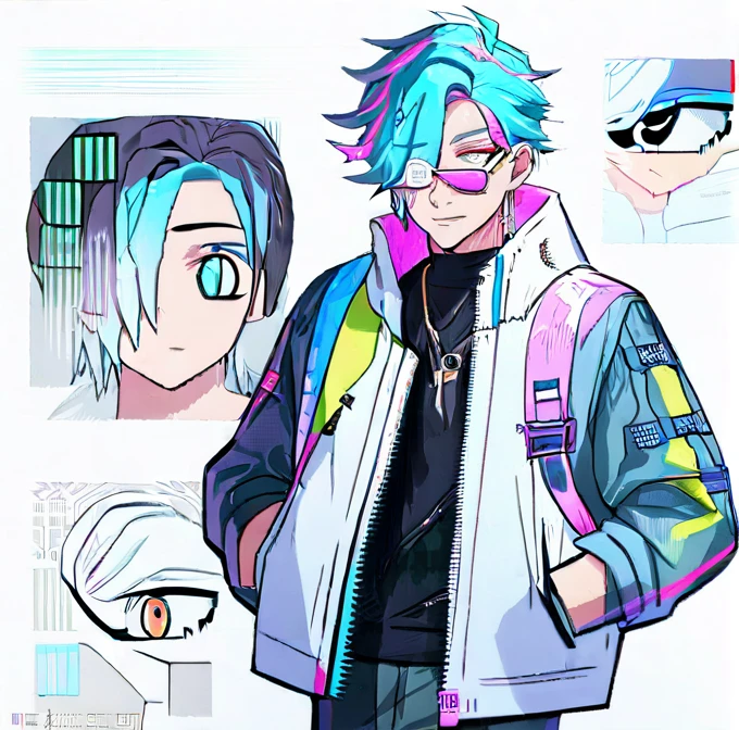 (masterpiece:1.4, best quality:1.4), Create an eye-catching anime character, a male with a fresh and futuristic style for 2024. This design focuses exclusively on the character, presented against a transparent or white background to emphasize his trendy appearance and modern accessories.

- Character: This young man exudes a cool, urban vibe with his state-of-the-art headphones, which are not only functional but also a major style statement. His hair is fashion-forward, featuring a bold cut and vibrant accents that match his headphones.

- Attire: He is dressed in a chic ensemble typical of 2024 fashion: a sleek, tech-enhanced jacket with subtle interactive elements, paired with stylish, form-fitting pants and innovative sneakers. The outfit blends high-tech functionality with cutting-edge street fashion.

- Accessories: His look is completed with contemporary gadgets like a holographic smartwatch and a multipurpose smart backpack. His headphones are the centerpiece, showcasing advanced design and technology.

- Setting: The character is rendered on a transparent or white background, ensuring that all attention is directed towards his attire and the detailed styling of his accessories. This backdrop choice highlights the vivid details and colors of his fashion without any background clutter.

- Atmosphere: Despite the absence of a detailed setting, the character’s pose and attire convey a narrative of him being a trendsetter in a metropolitan environment, ready to engage with cutting-edge technology and fashion.

- Color Palette: Utilize a modern palette that features neutrals mixed with striking color highlights that draw attention to key elements of his outfit and accessories, enhancing his overall trendy aesthetic.

This prompt is structured to deliver a vibrant portrayal of a 2024 anime male character, perfect for use in visual media where a clean and focused representation is required, such as graphic design, promotional content, or character merchandising.
