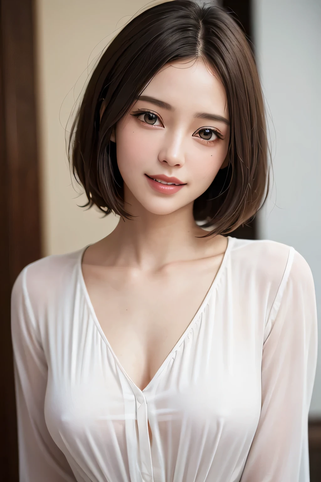 ((masterpiece)), ((Highest quality)), ((Complex)), ((Surreal)), (Realistic), (Mature Woman), ((There are no classes)), Very detailed, (1 female), Beautiful and exquisite, (Beautiful Teeth), Grin, Brunette Bob Hair, Brown eyes, ((blouse)), (Upper Body), (background:none), Perfect Eyes, Captivating eyes, Looking at the audience