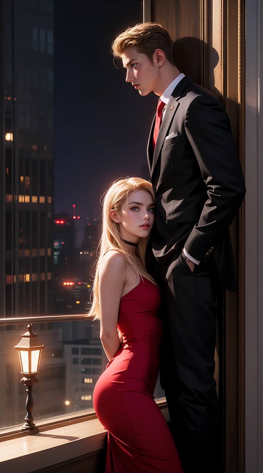 1 man,1woman, woman in long hair,blonde hair,purple eyes,red glamour dress, man in musculair, suit, trained, man are taller than woman, background city night from windows